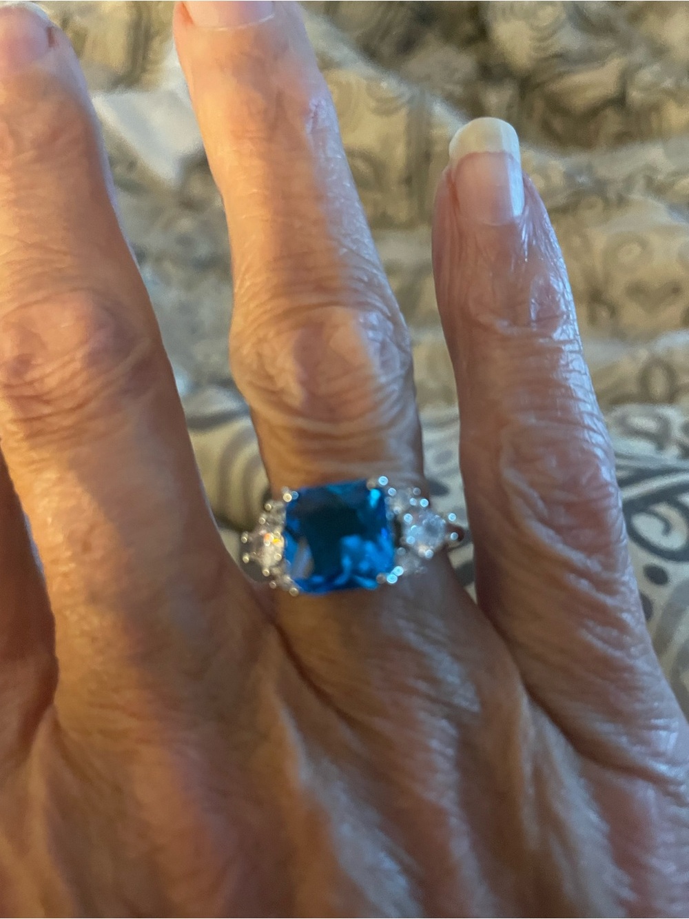 Blue Gemstone Cocktail Ring with Silver Setting size 6